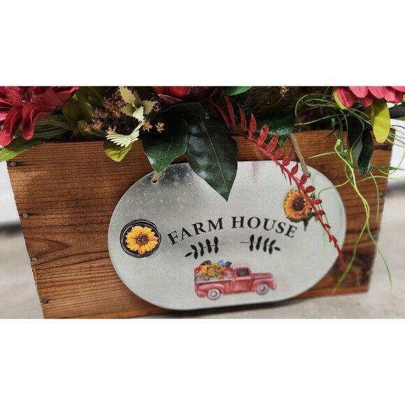 Farmhouse Floral Arrangement In Rustic Wooden Crate W/ Sunflowers & Peacock Feat - Picture 2 of 10